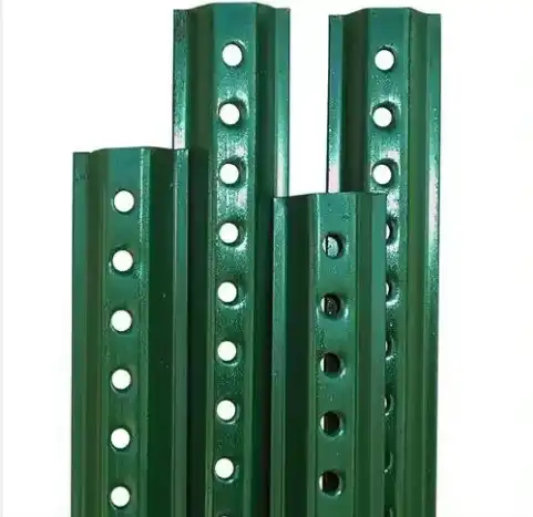 Green U-posts with pre-drilled holes for fencing